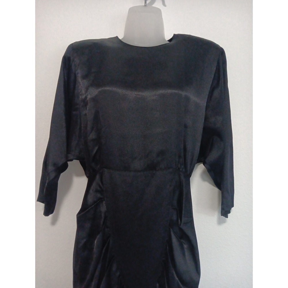 Satin Dress XS Black Witchy Gathered V Waist Sheath Vampire Vampgoth Stevie Nick - Picture 2 of 13